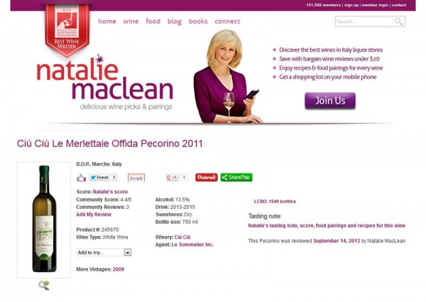 Le Merlettaie Ciù Ciù valutate da Natalie Maclean con un punteggio di 87/100